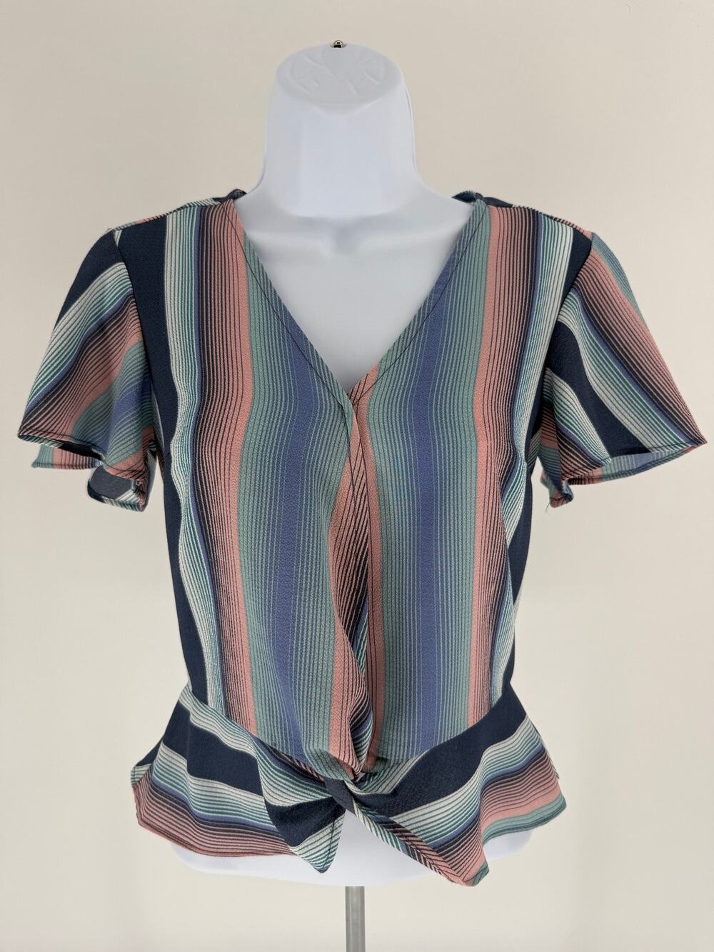 Candies XS Striped Surplice Tie Front Blouse Blue Pink Flutter Sleeve Peplum Top
